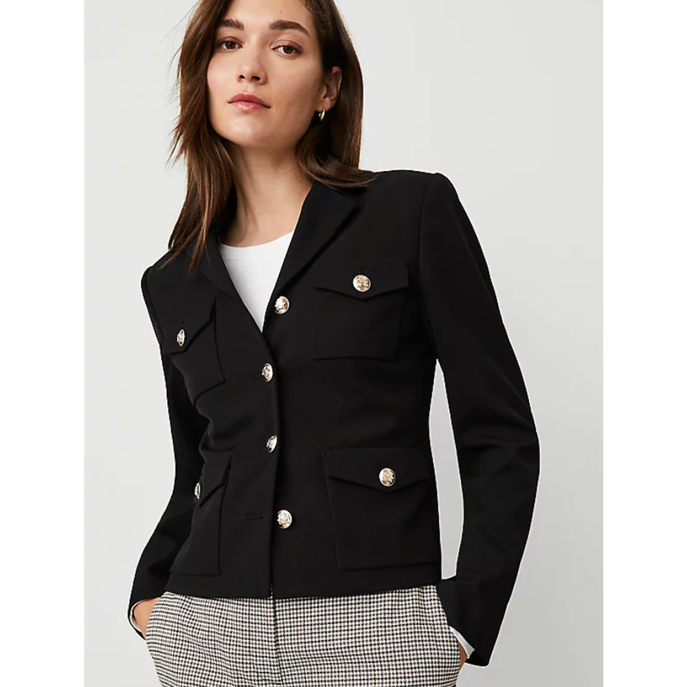 NEW ANN TAYLOR BLACK PETITE MILITARY TWILL JACKET SZ 00P